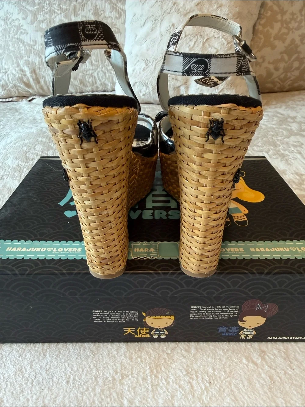 Harajuku Lovers Black & White Check Bow Wedge Sandals